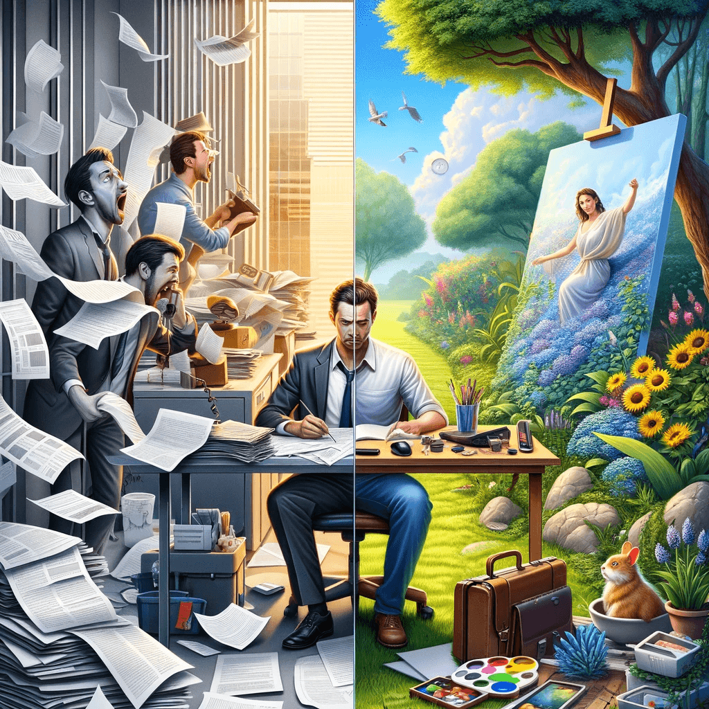 A Realistic Portrayal Of Work Life Balance With A Drastic Contrast Between Scenes Featuring The Same Man I