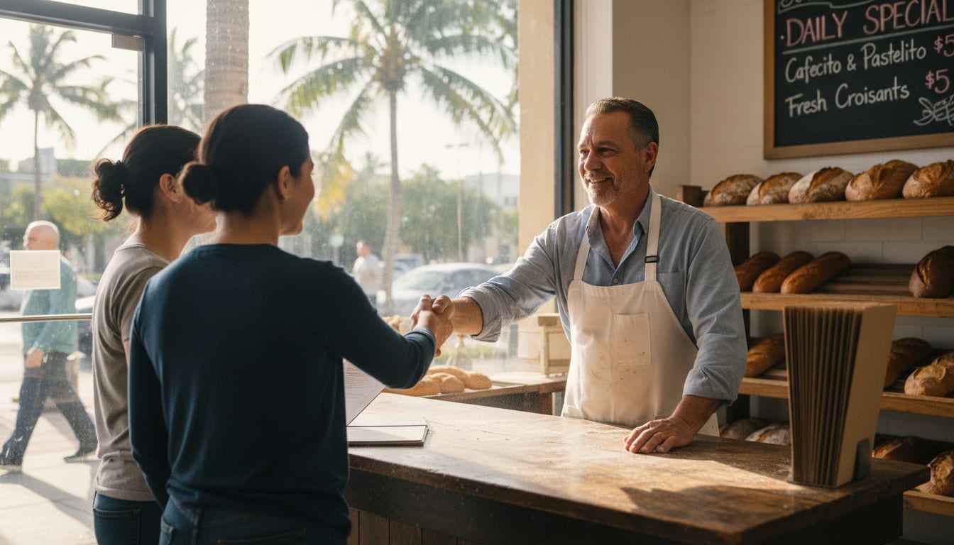 Local Bakery Owner Greeting Customers By Window