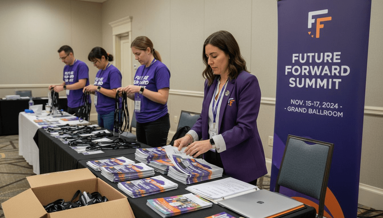 Team Members Preparing Materials At A Registration Table For The Future Forward Summit In Miami.