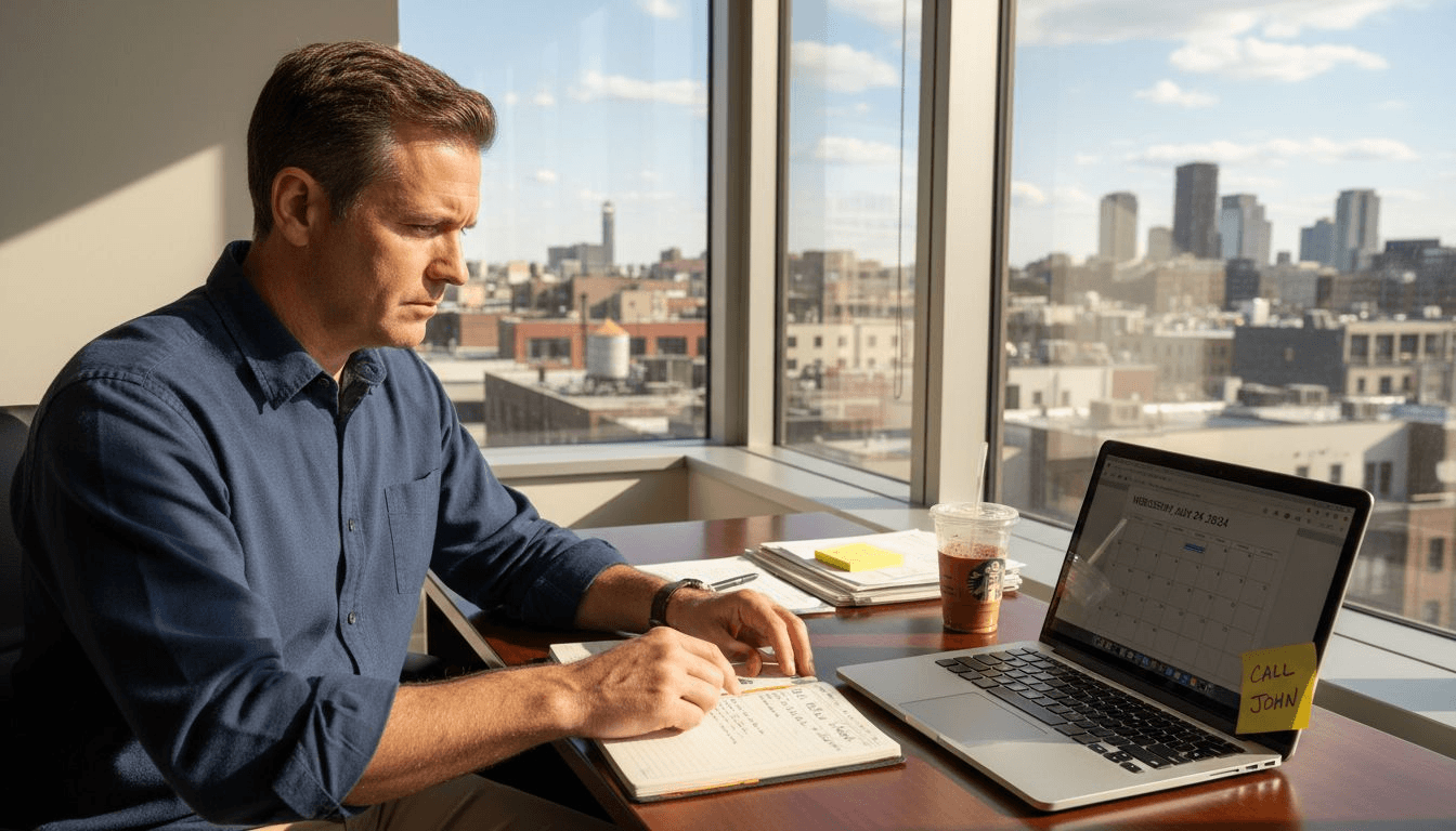 Professional Working On A Laptop At A Desk Near A Window With A City View In Doral.