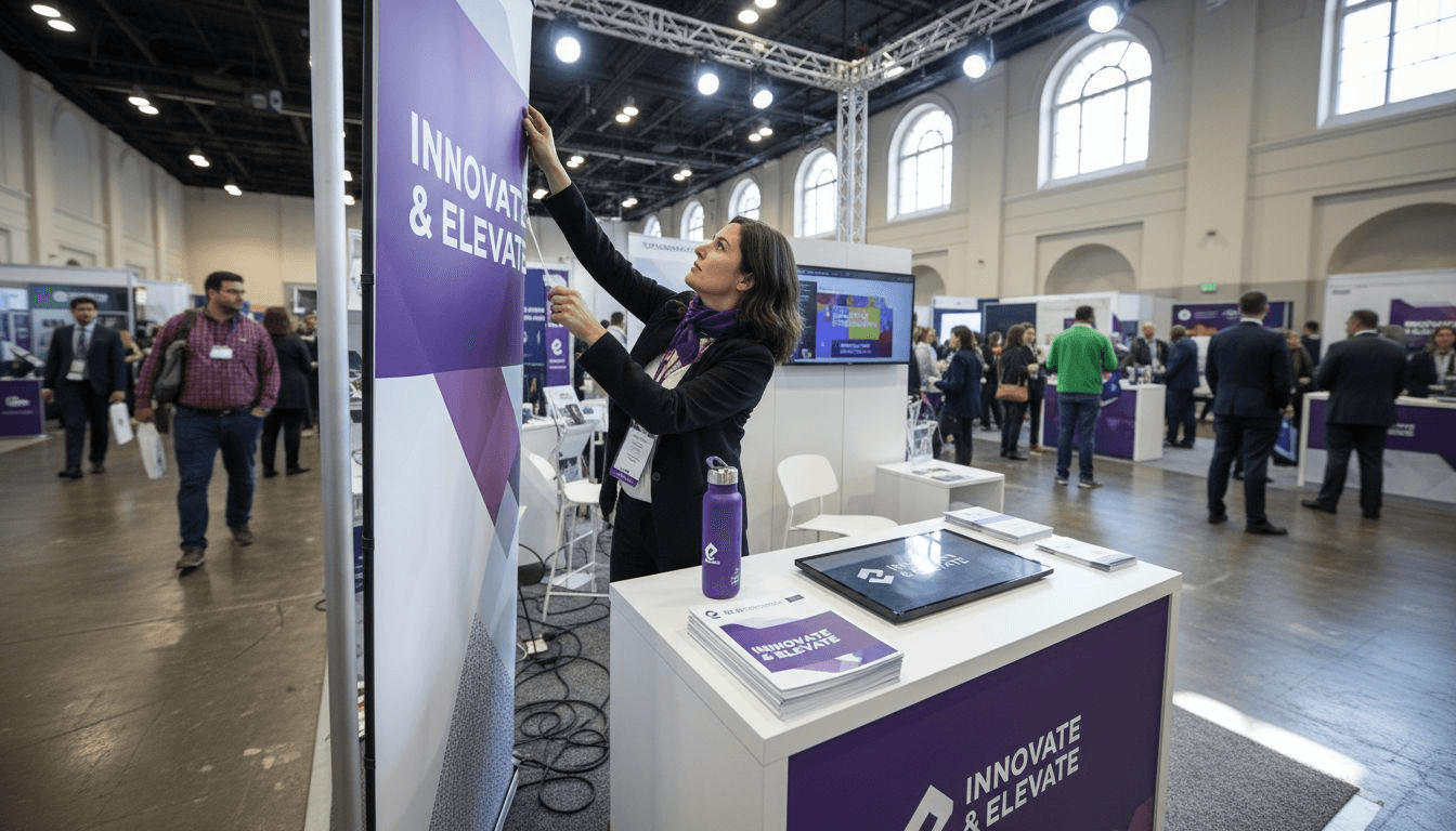 Professional Setting Up A Custom Trade Show Booth With 'Innovate &Amp; Elevate' Banner Stands At A Miami Event.