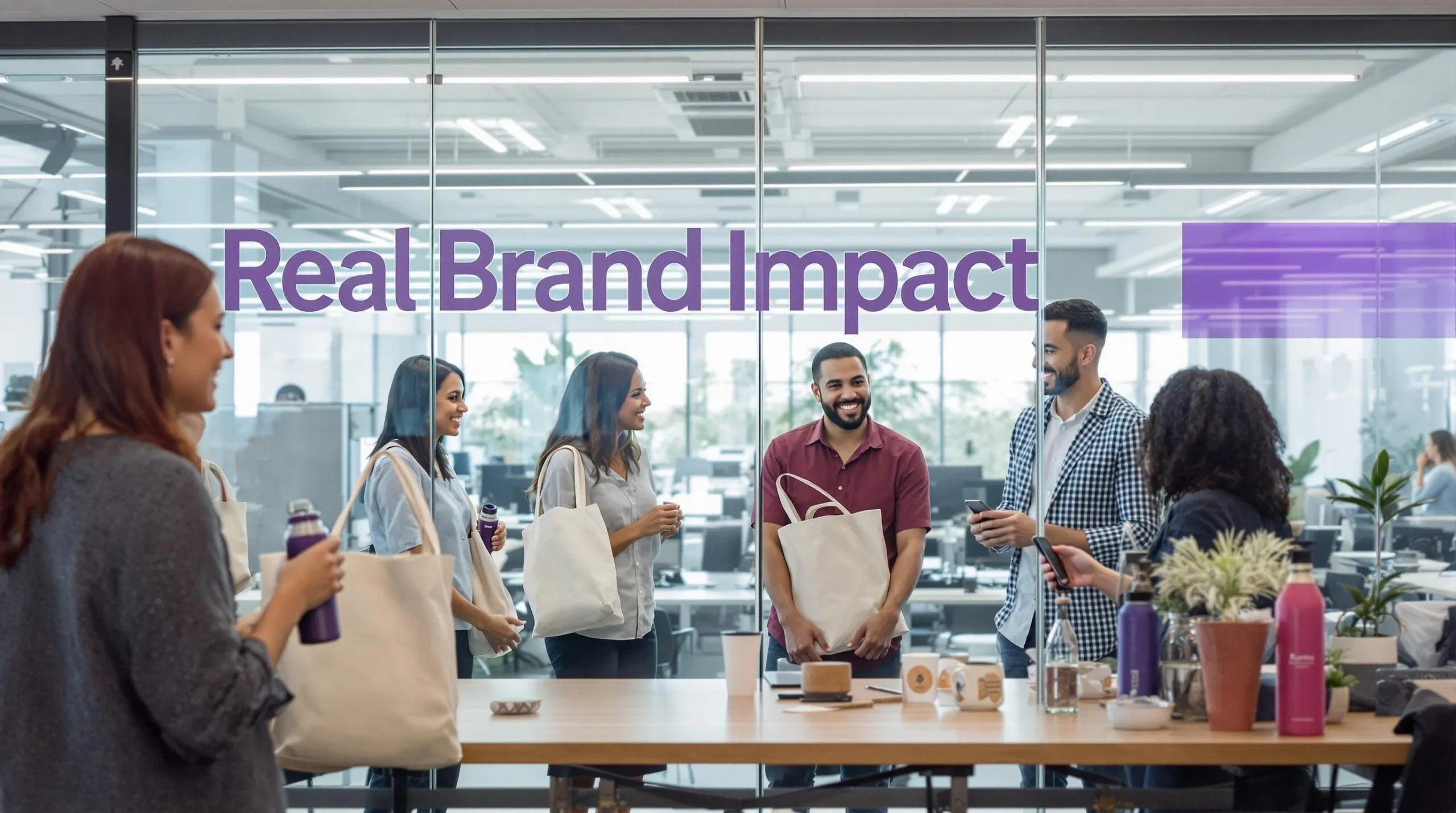Top Benefits Of Promotional Products In Florida For 2025 Florida Professionals Exchanging Branded Products With 'Real Brand Impact' On Glass Wall