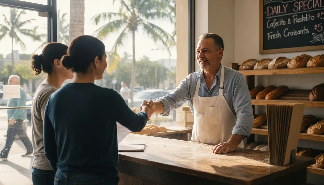 Local Bakery Owner Greeting Customers By Window