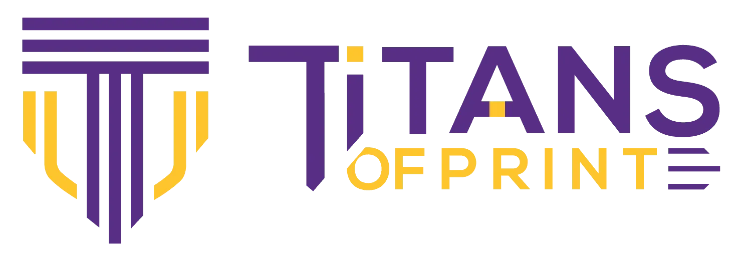 Titan Shield logo design featuring bold purple and yellow colors, representing Titans of Print branding.