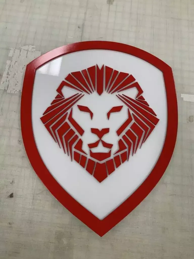 Acrylic 3D Office Signs: Sleek, Durable, And Customizable Acrylic 3D sign featuring a lion emblem with red border and layered detailing, representing modern office signage solutions.