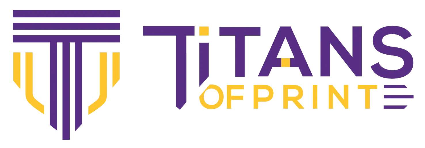 Titan Shield logo design featuring bold purple and yellow colors, representing Titans of Print branding.