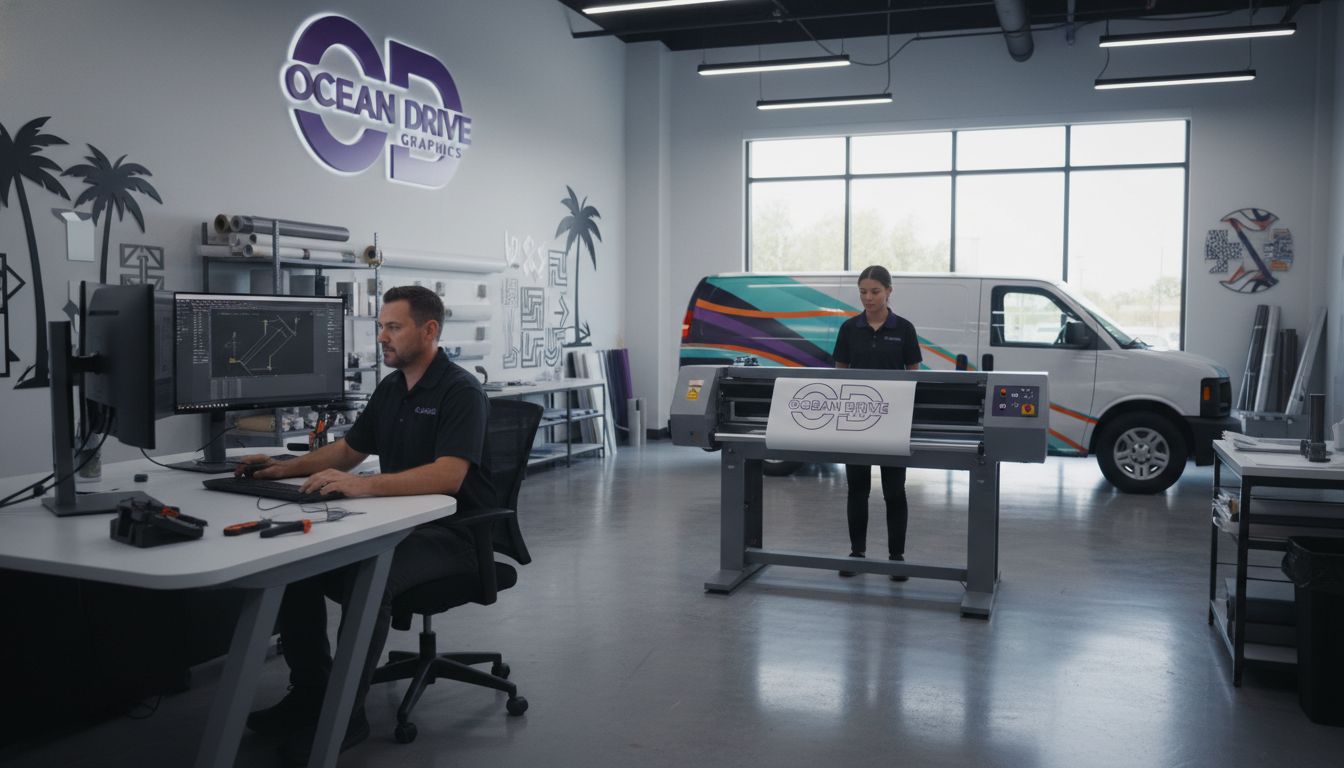 Contour Cutting Explained: Applications And Benefits Technicians Working With A Large Format Printer For Contour Cutting Car Decals And Banners In A Doral Print Shop.