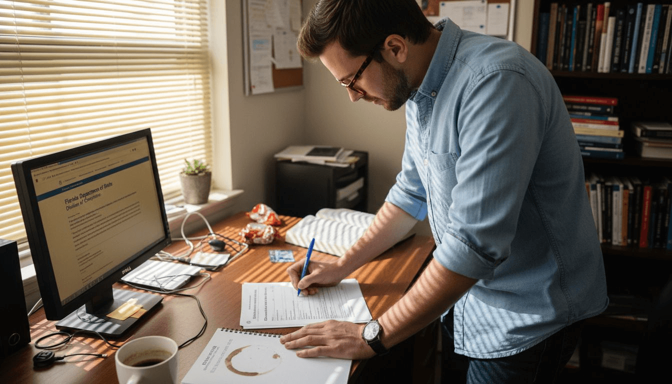 Professional Reviewing Document Drafts At A Desk In A Miami Print Design Office.