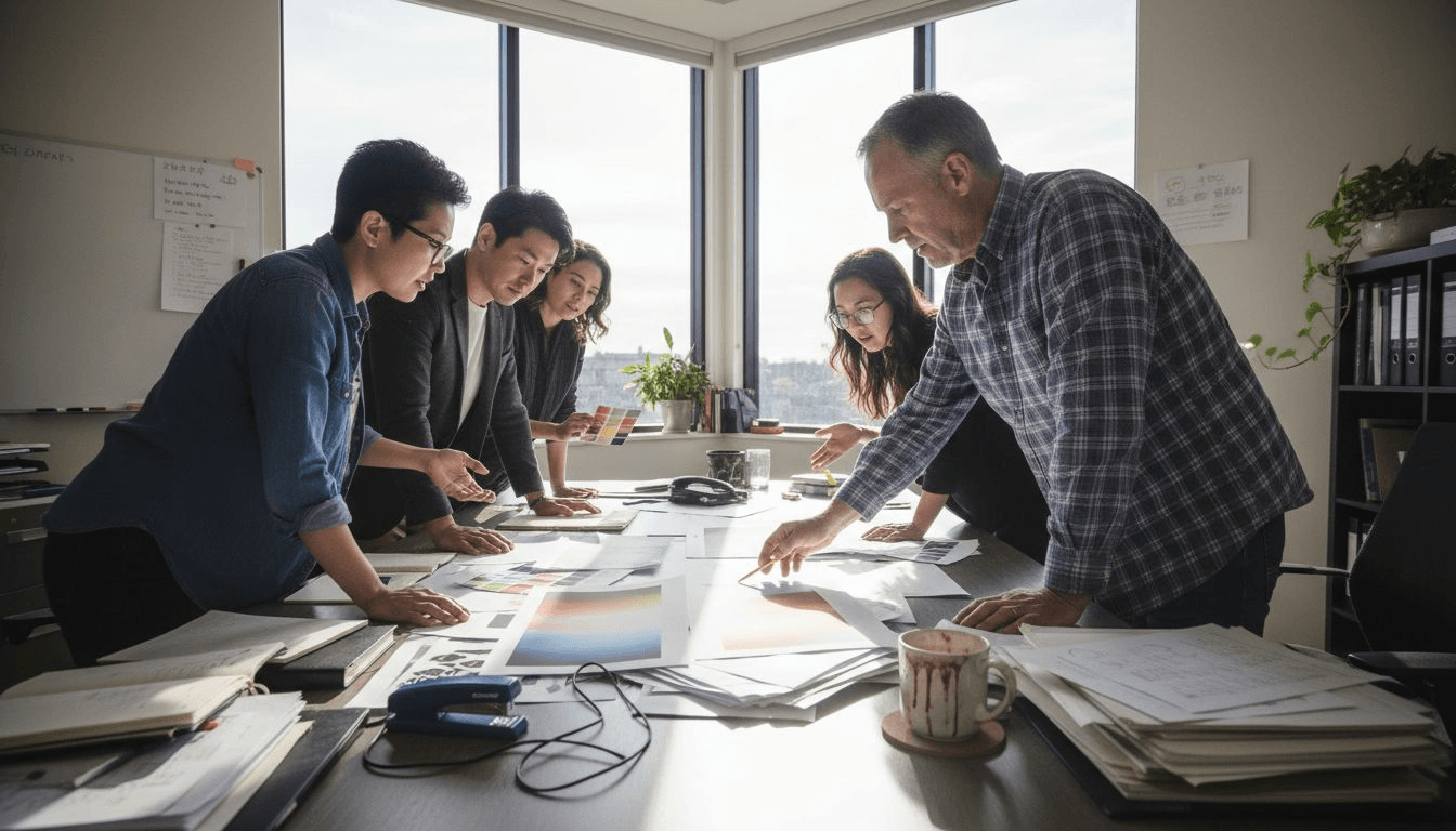 How To Motivate Your Team For Successful Print Projects Group Collaborating Over Design Materials.